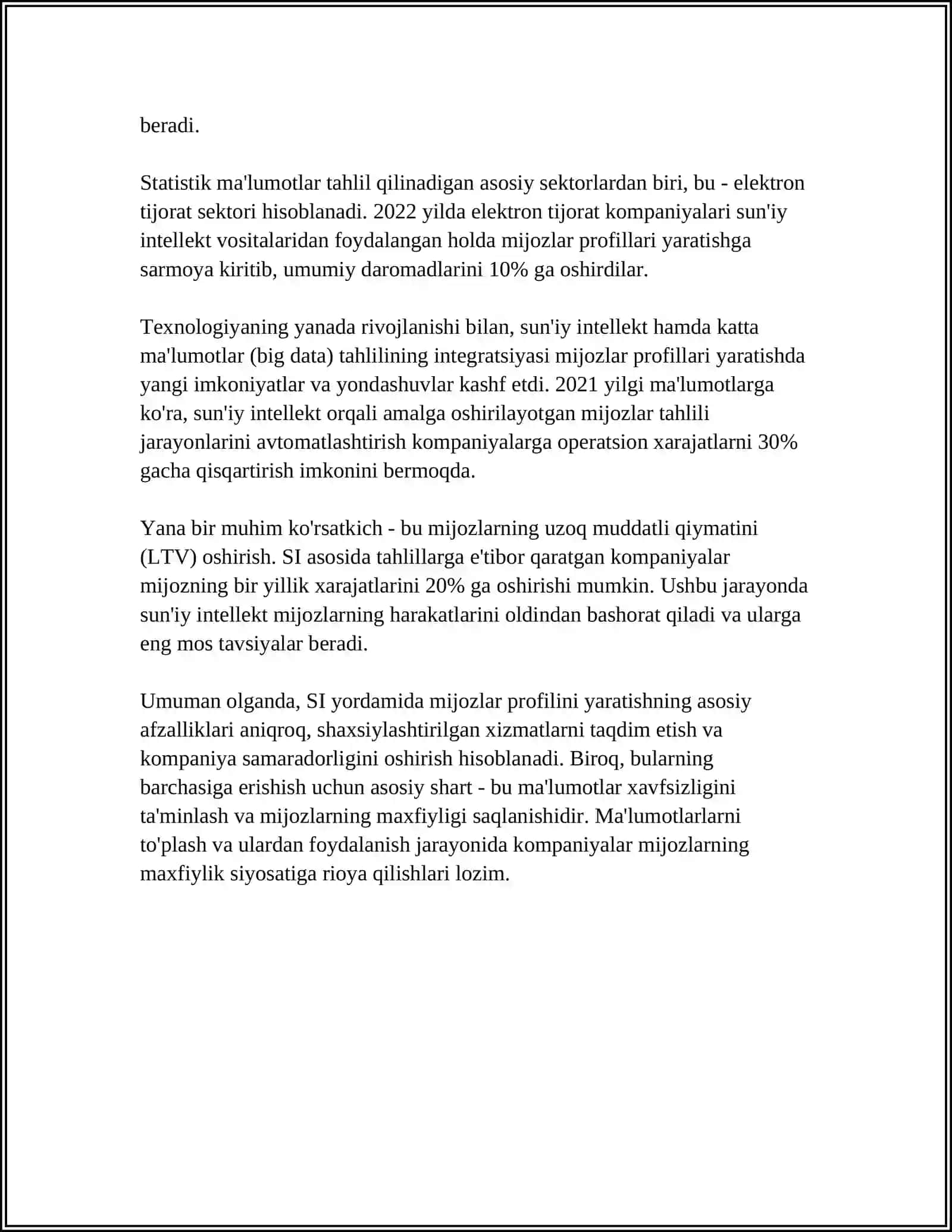RAQAMLI BANK HIZMATLARINI SHAXSIYLASHTIRISH VA OPERATSIYALARNI AVTOMATLASHTIRISHNI YAXSHILASH UCHUN SUNIY INTELEKTDAN FOYDALANISH 4
