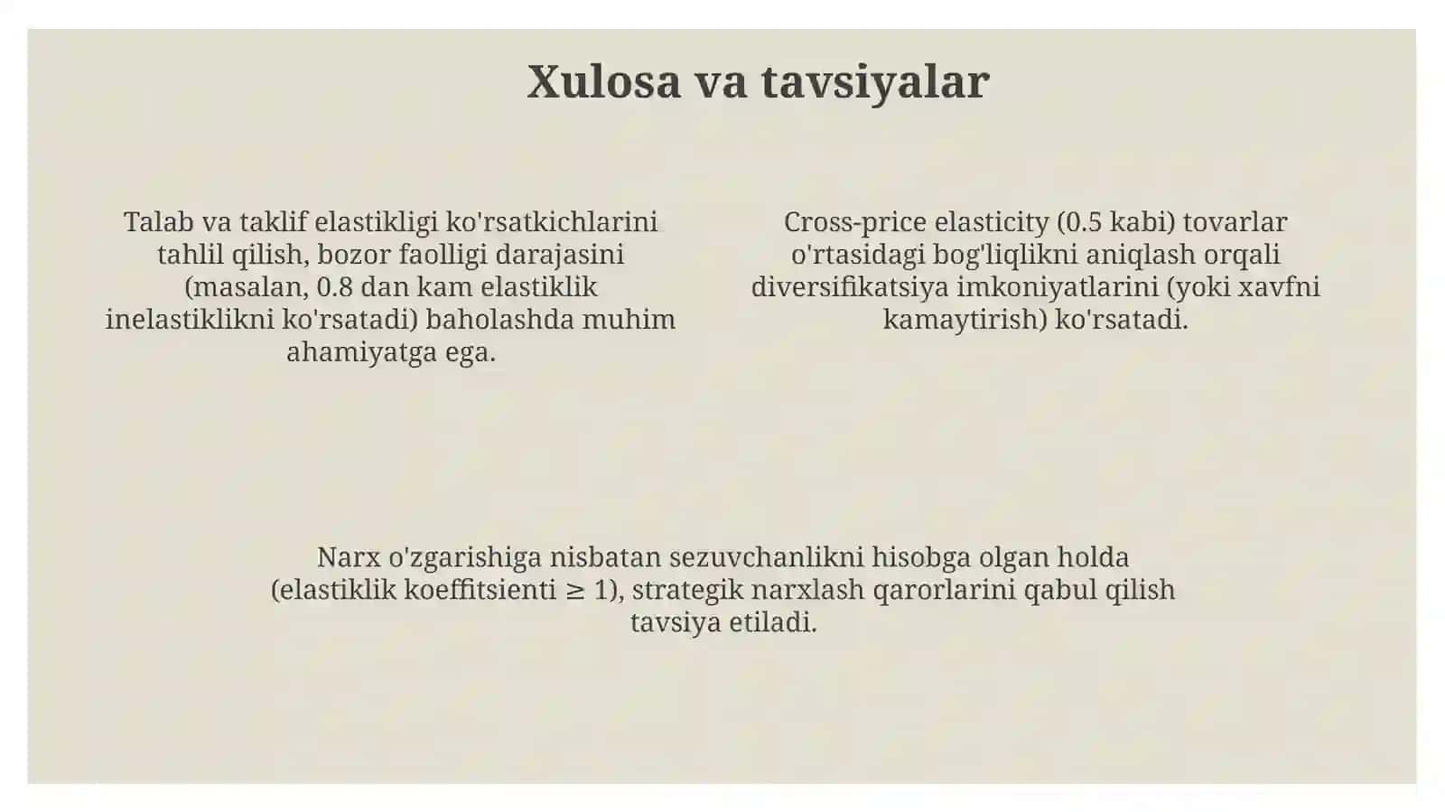 Talab va taklif elastikligi ko'rsatkichlarining bozor holatitahlilidagi o'rni 4