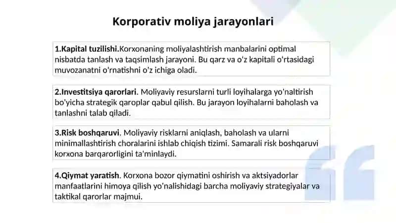 Moliya tizimining markaziy bo'g'ini sifatida korporativ moliyaning o'rni 4