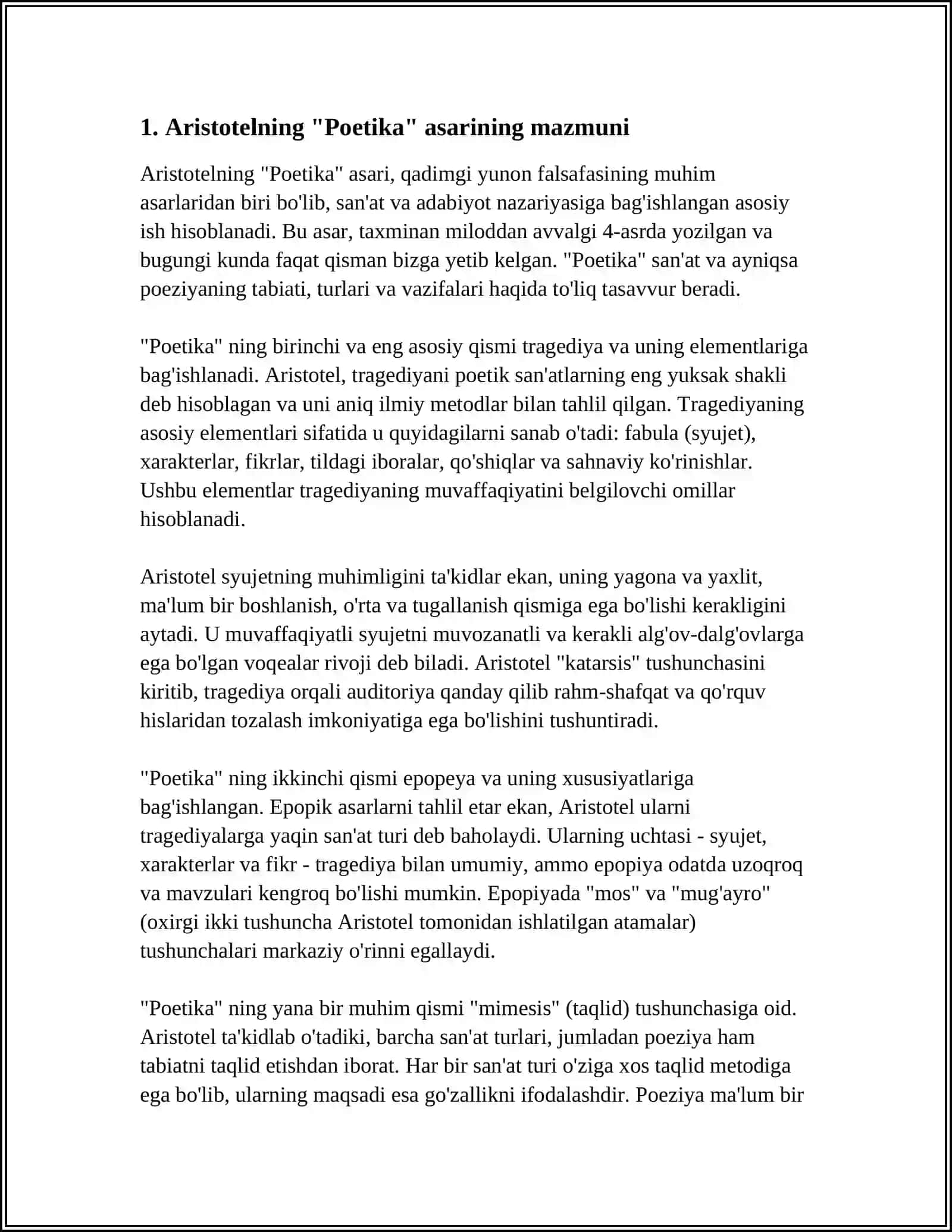 ARISTOTELNING " POETIKA' ASARINI OʻQIB OʻRGANISH FOROBIYNING 'SHʼER SANʼATI' ASARINI OʻQIB OʻRGANISH ALISHER NAVOIYNING 'MAJOLIS UN NAFOIS ' ASARINI OʻQIB OʻRGANISH 4