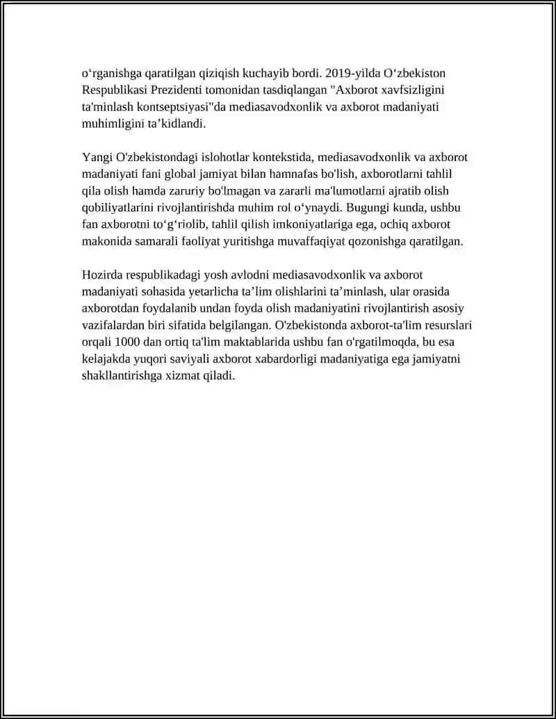 YANGI O'ZBEKISTONDA "MEDIASAVODXONLIK VA AXBOROT MADANIYATI" FANINI O'RNI VA AHAMIYATI 4