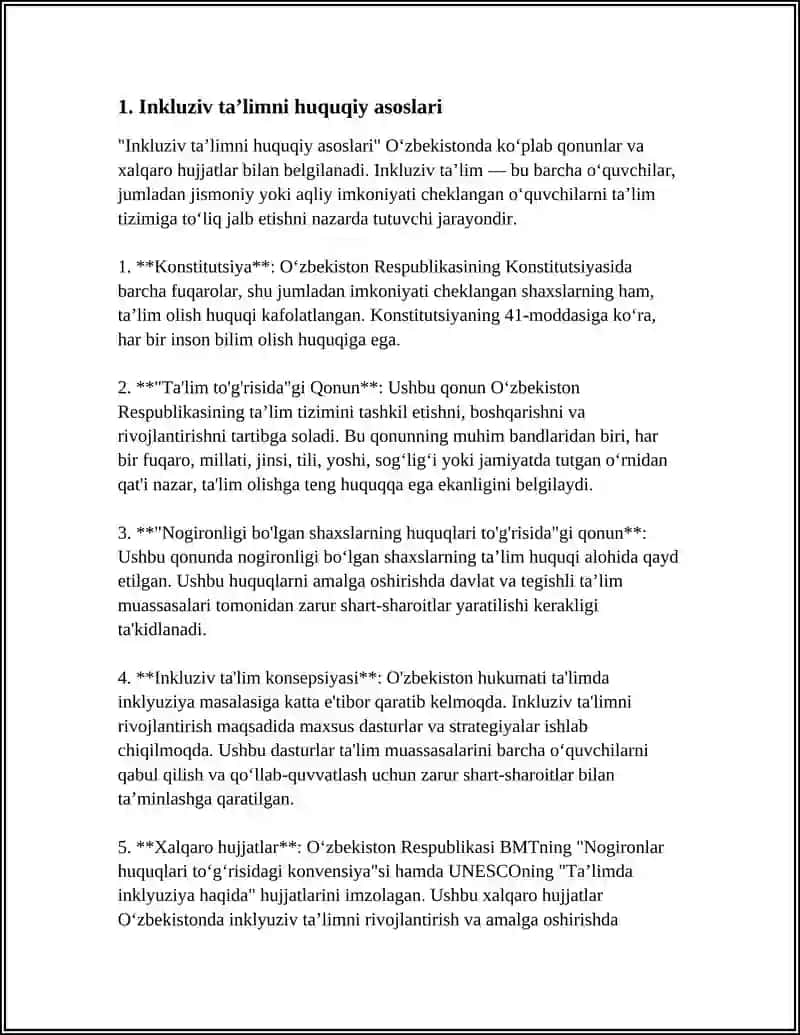 REFERAT Mavzu: ALOHIDA TA’LIM EHTIYOJLARI BO‘LGAN HAR BIR BOLANING INKLYUZIV TA’LIM OLISH HUQUQINI TA’MINLASHGA QARATILGAN CHORA-TADBIRLARNI AMALGA OSHIRISH. 4