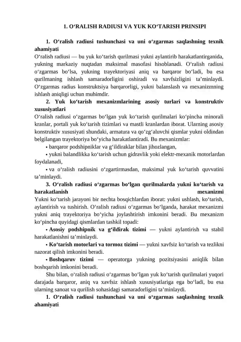 O‘ralish radiusi o‘zgarmas bo‘lgan yuk ko‘tarish qurilmalari tezlik diagrammalari 4