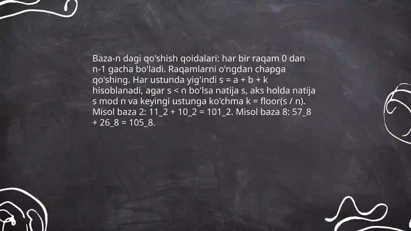 Turli sanoq sistemalarida arifmetik amallar bajarish: qo'shish, ayirish, ko'paytirish va bo'lish(misollar bilan) 4