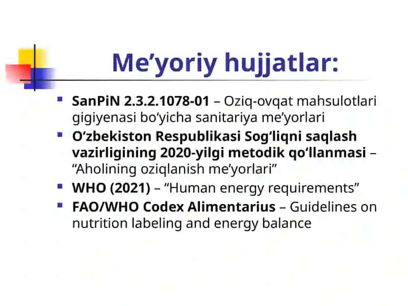 Kunlik Energetik Sarfini ADEKVATLIGINI ANIQLASH,OVQATNI ENERGETIK ADEKVATLIGINITAXLIL QILISH 4