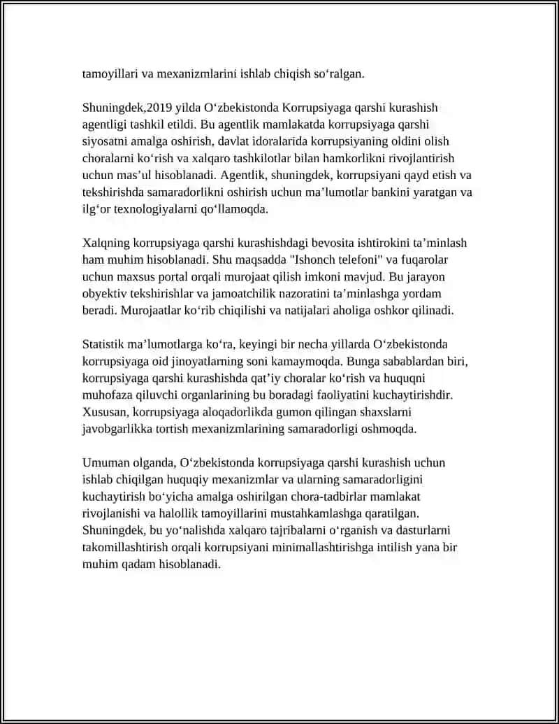 OʻZBEKISTONDA KORRUPSIYAGA QARSHI KURASH MEXANIZMLARI MAVZUSIDA ESSE TAYYORLASH 4