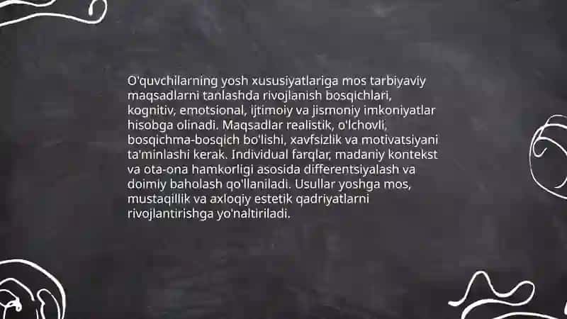 Barkamol avlod tarbiyasida òquvchilarning tarbiyaviy maqsadlarini pedagogik mahorat asosida tòģri tanlay olish 4