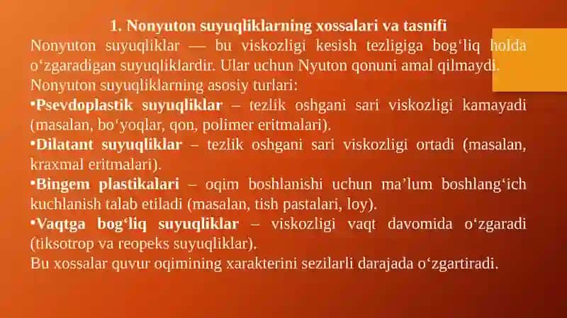 Nonyuton suyuqliklar oqimi va truba (quvur) diametrini hisoblash 4
