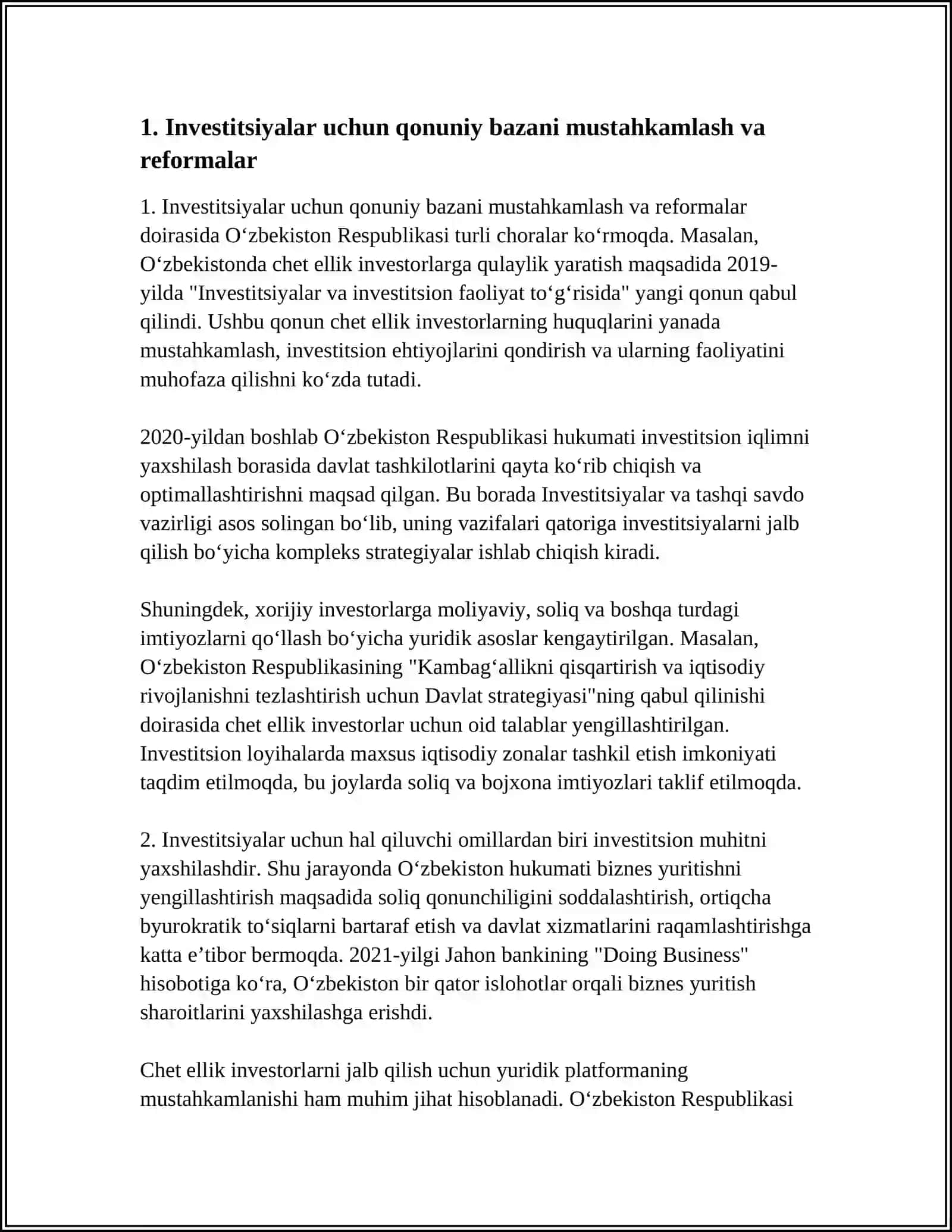 CHET ELLIK INVESTORLARNI INVESTITSIYALARI O‘ZBEKISTON RESPUBLIKASI HUDUDIGA JALB QILISH QANDAY YO‘LLAR BILAN AMALGA OSHIRILADI? 4
