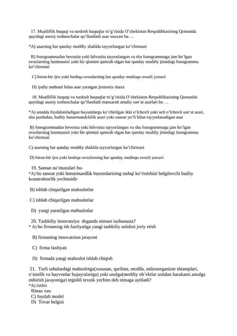 "INNOVATSION IQTISODIYOT" FANIDAN TEST SAVOLLARI 4