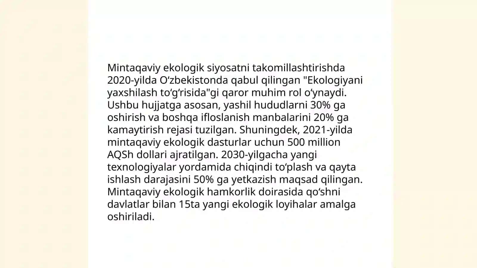 Tabiatni muhofaza qilish fa'oliyatini takomillashtirish va tabbiy muhitning trasnchegaraviy ifloslanishning oldini olish boʻyicha mintaqaviy va xalqaro hamkorlikni rivojlantirish 4