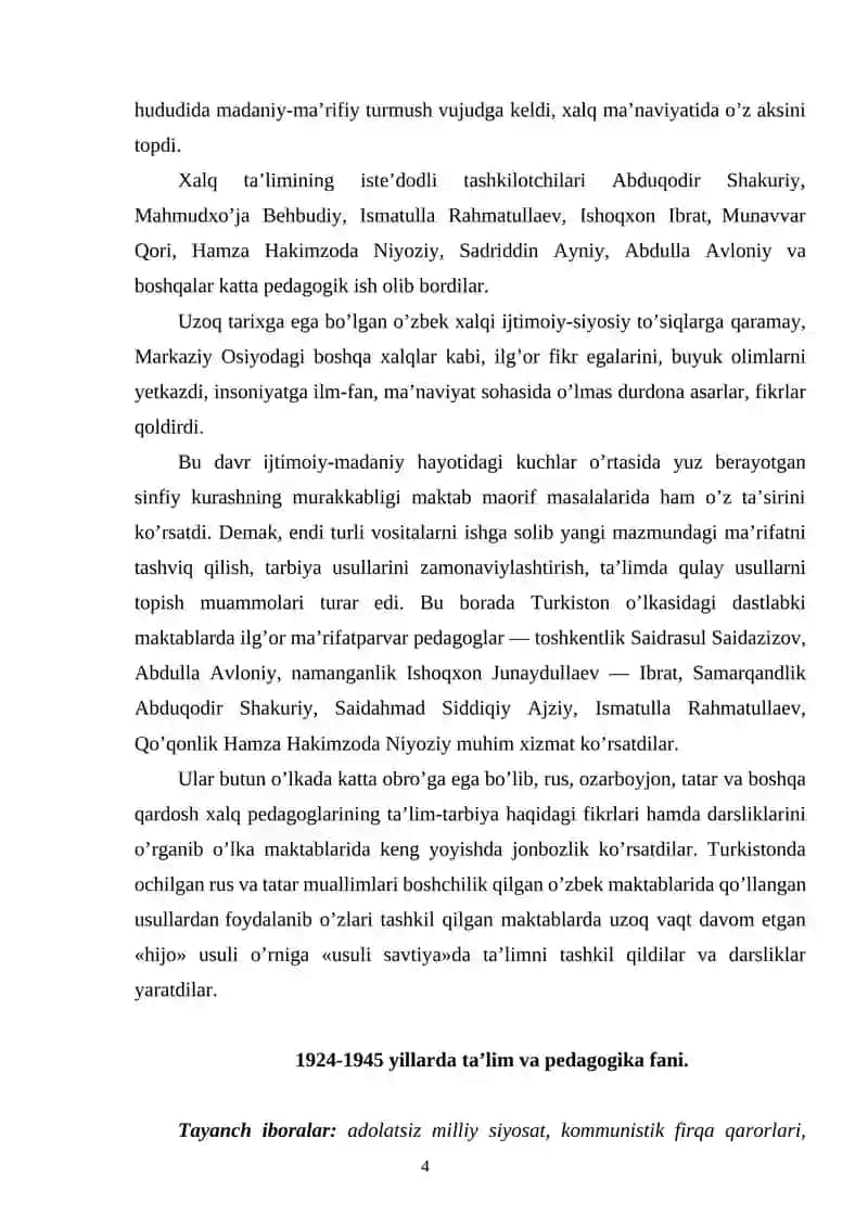 1917-1991 yillarda O’zbekistonda ta’lim tizimi va pedagogik fikrlar rivoji. Mustaqil O’zbekiston ta’lim tizimi 4