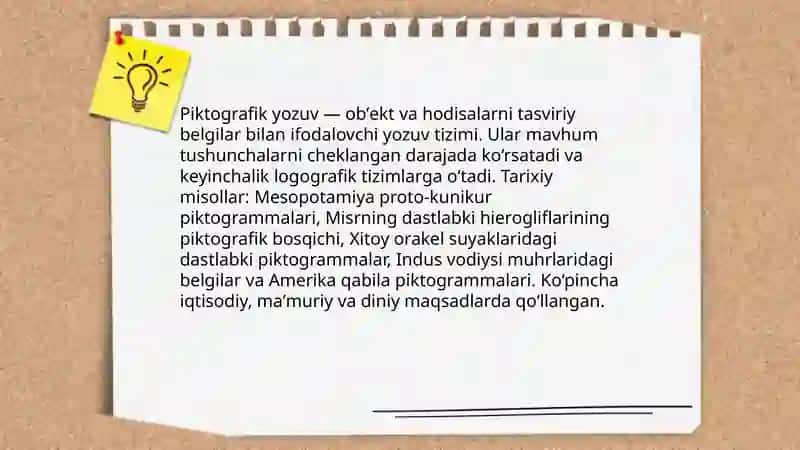 Til va yozuv,ularning paydo boʻlishi haqidagi farazlar va ularning (piktografik,piktogramma,ideografik-logografik,iyeroglifik,fonografik,sillabik yozuv,stenografiya,transkripsiya)shakllari 4
