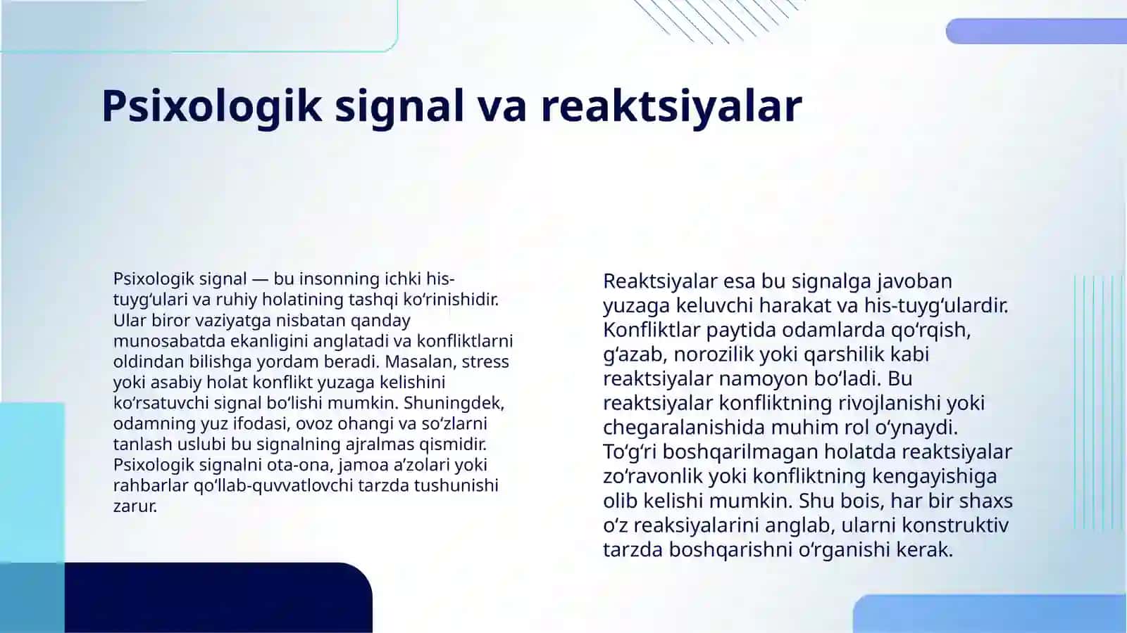 KONFLIKT SIGNALLARI.AGRESSIYA VA ZO'RAVONLIK HAQIDA TUSHUNCHA UNING MOHIYATI. KONFLIKTLI VAZIYATDA QAHR VA G'AZAB JAMOADAGI KONFLIKT VA UNI YECHIMGA OLIB KELISH YO'LLARI O'ZGALARNI ESHITISH VA O'ZINI ANGLATISH QOIDALARI 4