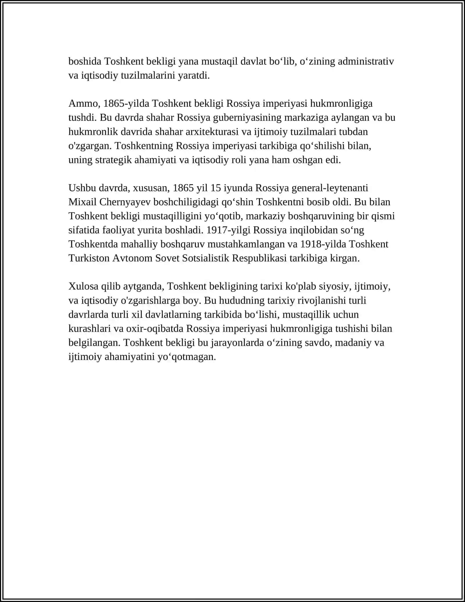 Toshkent Bekligi va uning Xonliklar bilan Munosabatlari - Referat 4