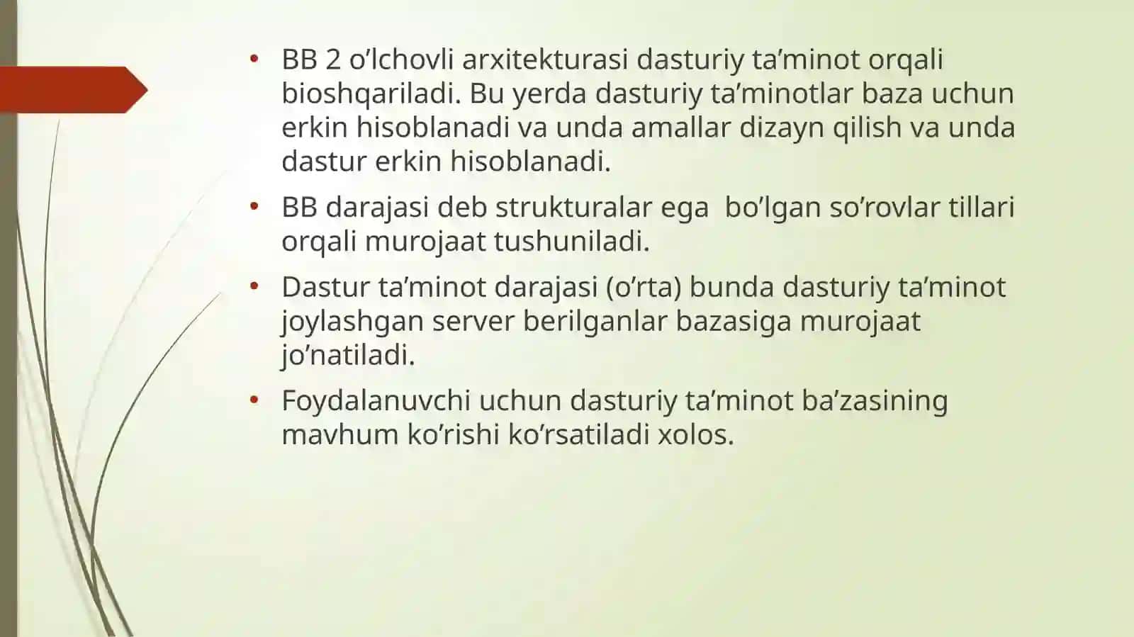 Berilganlar bazasini boshqarish tizimining arxitekturasi. SQL serverda UNION (birlashtirish) bandi 4