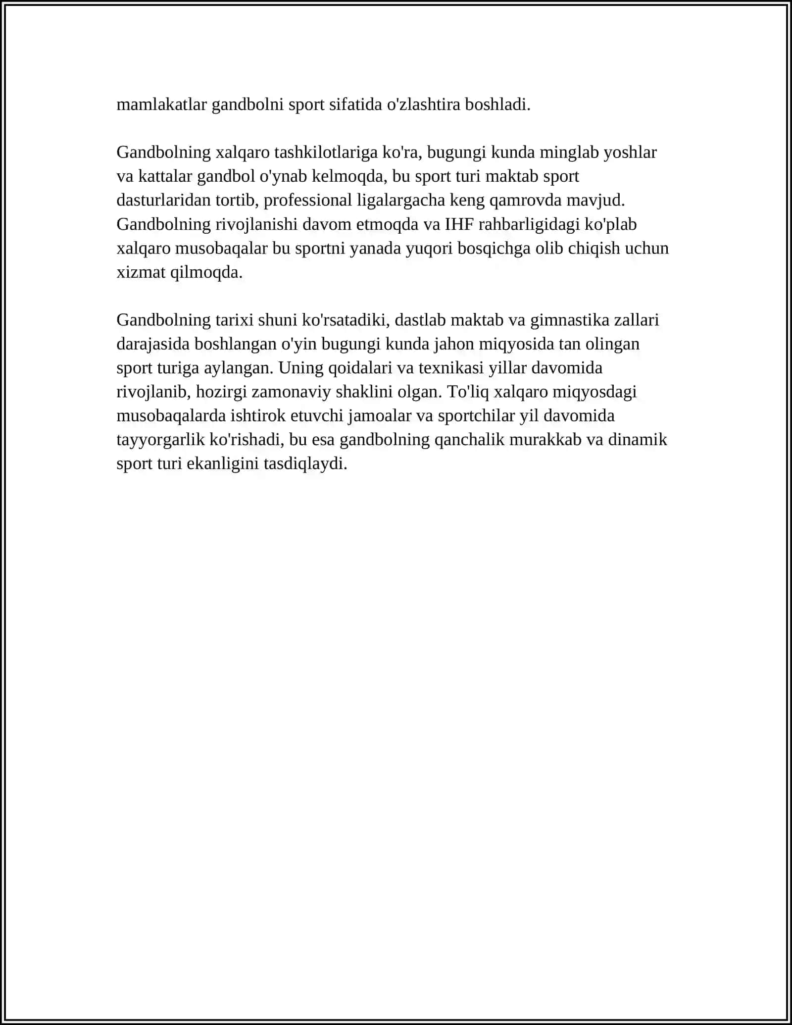 GANDBOL SPORT TURINI O'YINI TARIXI VA O'YIN QOIDALARI. GANDBOLCHILARNING TEXNIK VA TAKTIK TAYYORGARLIGI 4