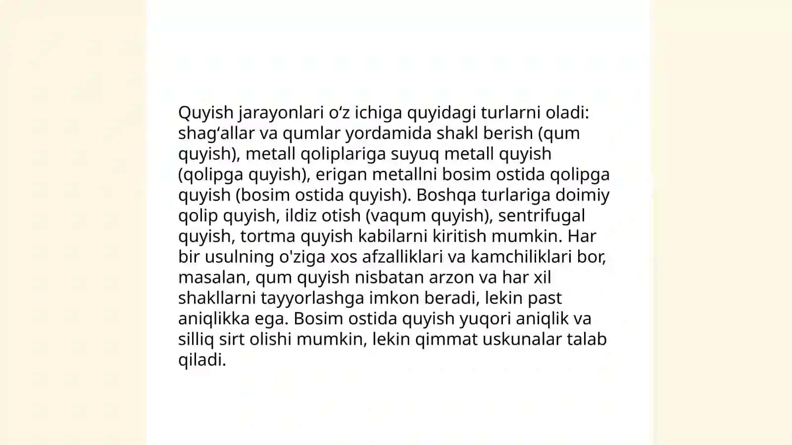 Qora va rangli metallarni quyish zagatovkalarini olish usullarini õrganish 4