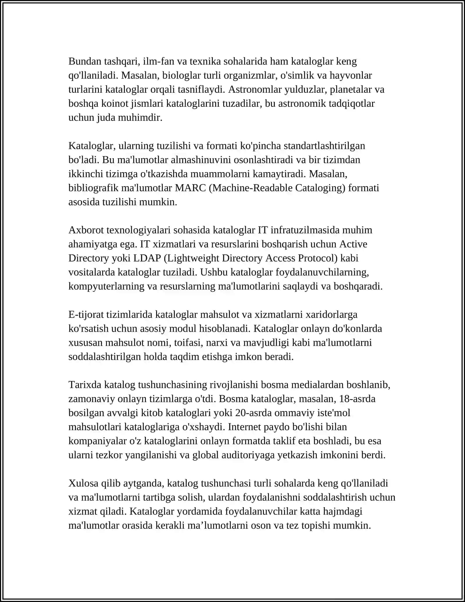 KATALOG TUSHUNCHASI TA'RIFI TURLAR VAZIFALARI VA ULARGA DOIR MISOLLAR 4