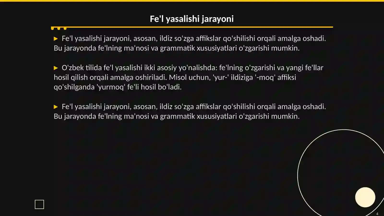Fe'lning tuslanishi. Fe'l yasalishi. Shaxs-son affikslar 4