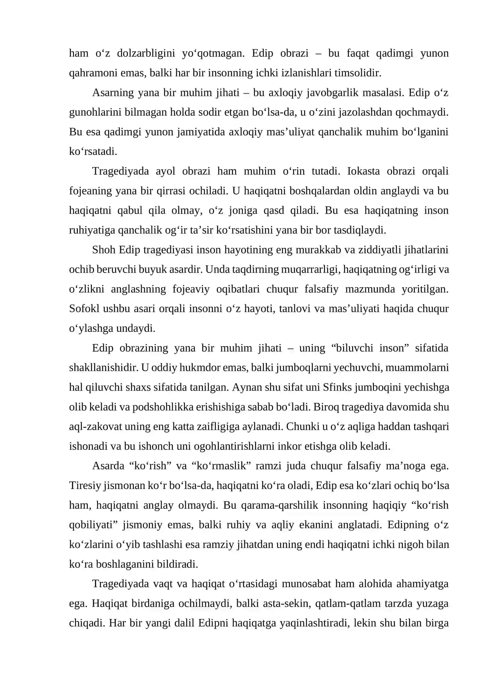 “HAQIQAT IZIDAN HALOKAT SARI: SOFOKLNING ‘SHOH EDIP’ TRAGEDIYASIDA TAQDIR VA O‘ZLIKNI ANGLASH FOJEASI” 4
