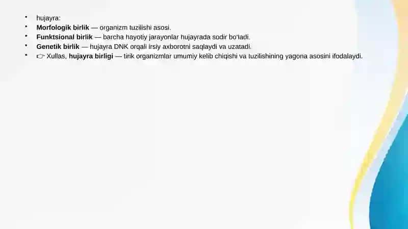 Hujayra sog‘liq va kasallikning struktur birligi. Patologiyaga kirish. Zararli tasirlar va stressga hujayra reaksiyasi. Differensiyalanish va o‘sishga hujayra moslashuvi. 4
