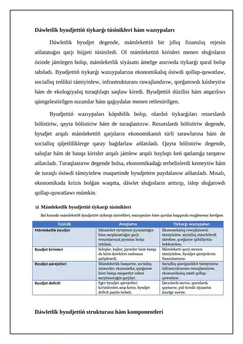 Dáwletlik byudjettiń tiykarǵı túsinikleri hám qurılısı 4