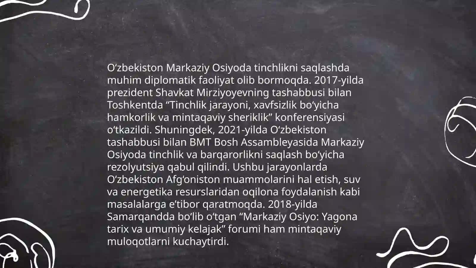 O'zbekistonning Markaziy Osiyoda tinchlik va barqarorlikni ta'minlashdagi o'rni mavzuga oid manbaalarni tahlil qilish 4
