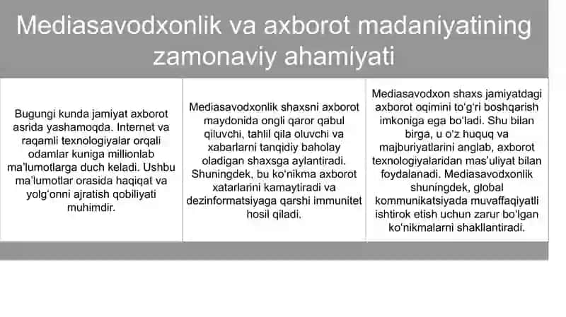 Yangi O‘zbekistonda mediasavodxonlik va axborot madaniyati fanini o‘rni va ahamiyati SLAYD 4