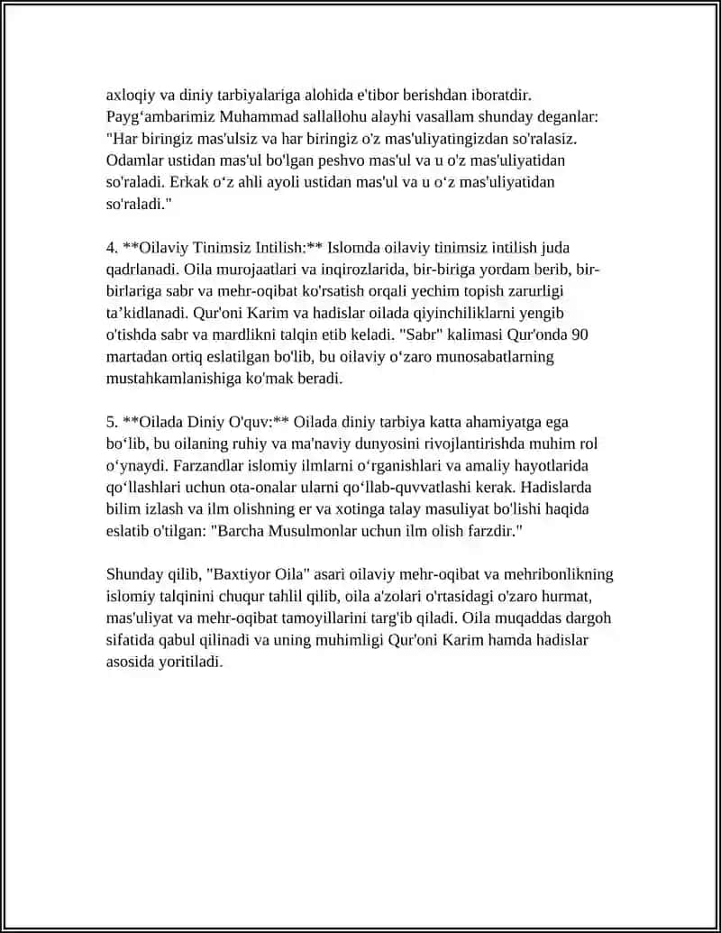 "Baxtiyor Oila" asarida ISLOMQADRIYATLARINING TALQINI 4