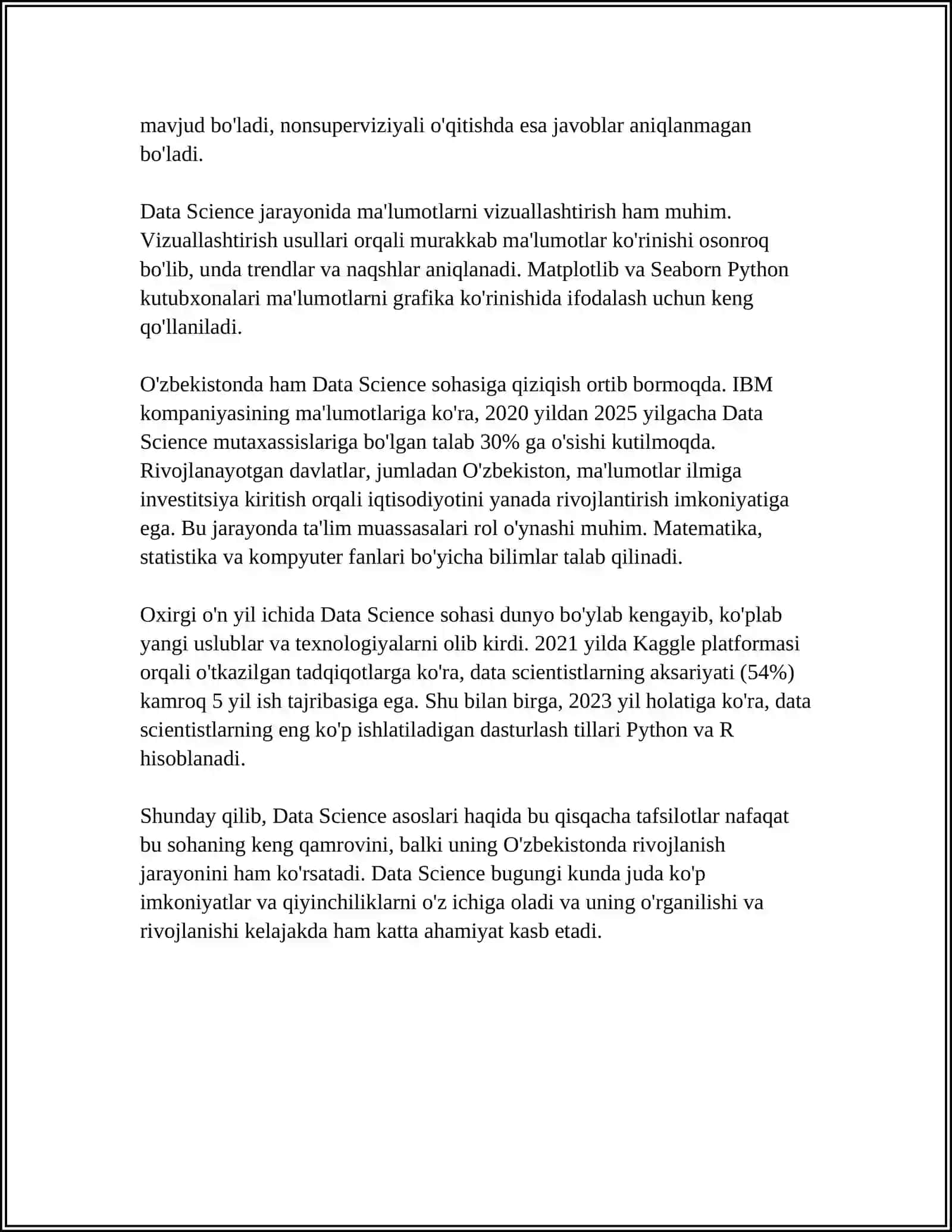 KATTA MA`LUMOTLARDA DATA SCIENCE. DATA SCIENCE JARAYONLAR 4