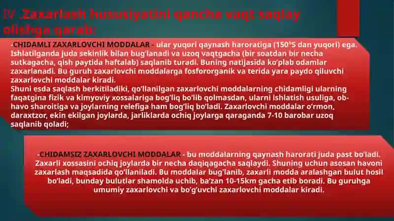 KIMYOVIY QUROL. KIMYOVIY ZАRАRLАNISH О’CHОG’I. KIMYOVIY VAZIYATNI BAHOLASH 4