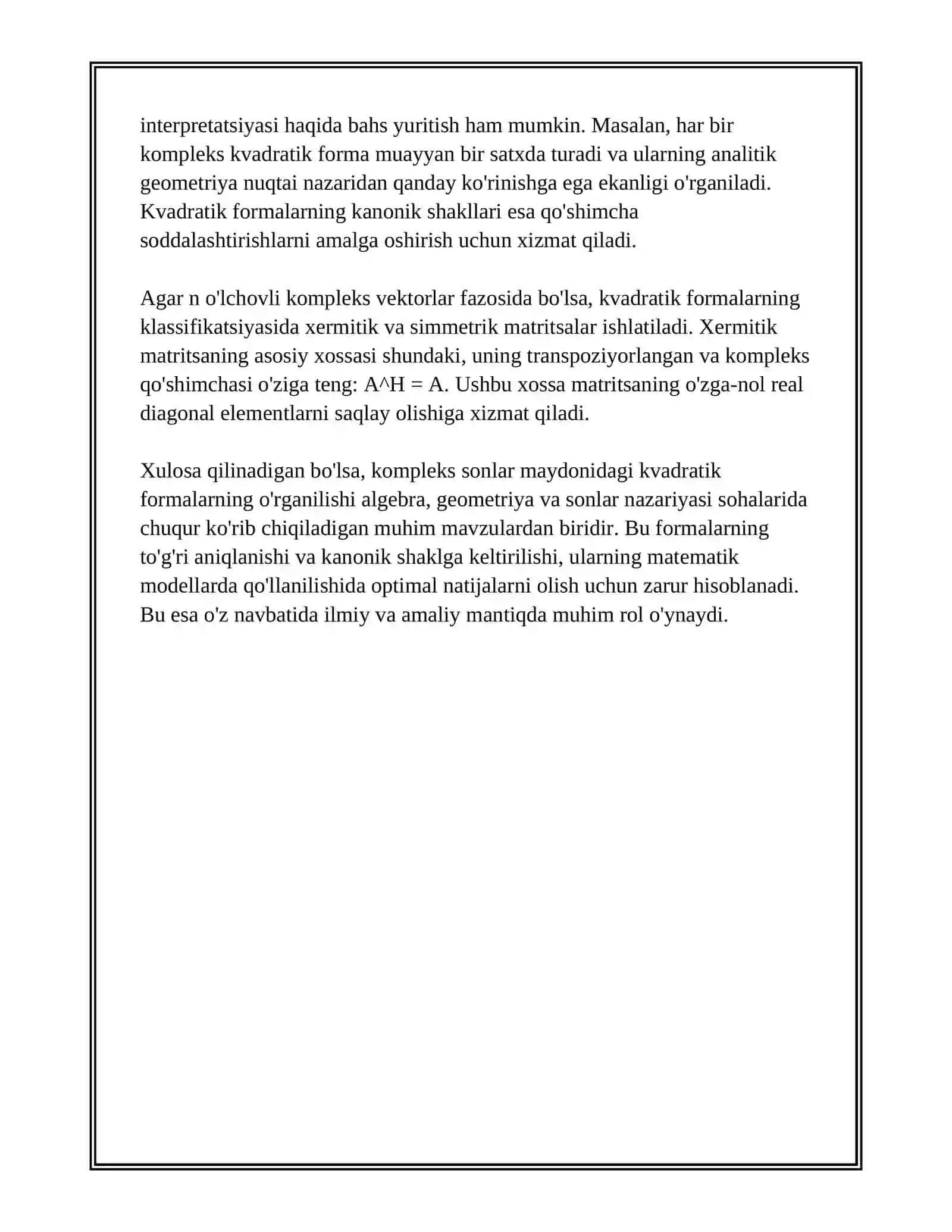 KOMPLEKS SONLAR MAYDONI USTIDA BERILGAN FAZODAGI KVADRATIK FORMALAR VA ULARNING KANONIK SHAKLLARI 4