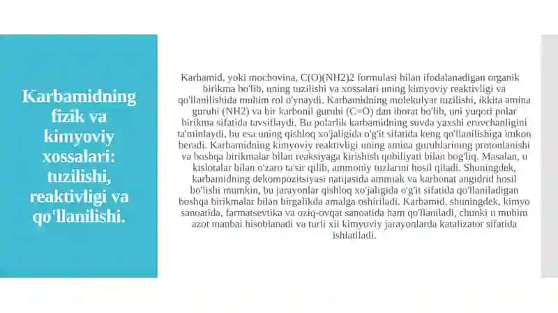 Karbamid (mochovina )ishlab chiqarish. Karbomid machavina va uning xossalari amyak va karbonat angidriddan korbamid sintez qlishning fizik kimyoviy asoslari. 4