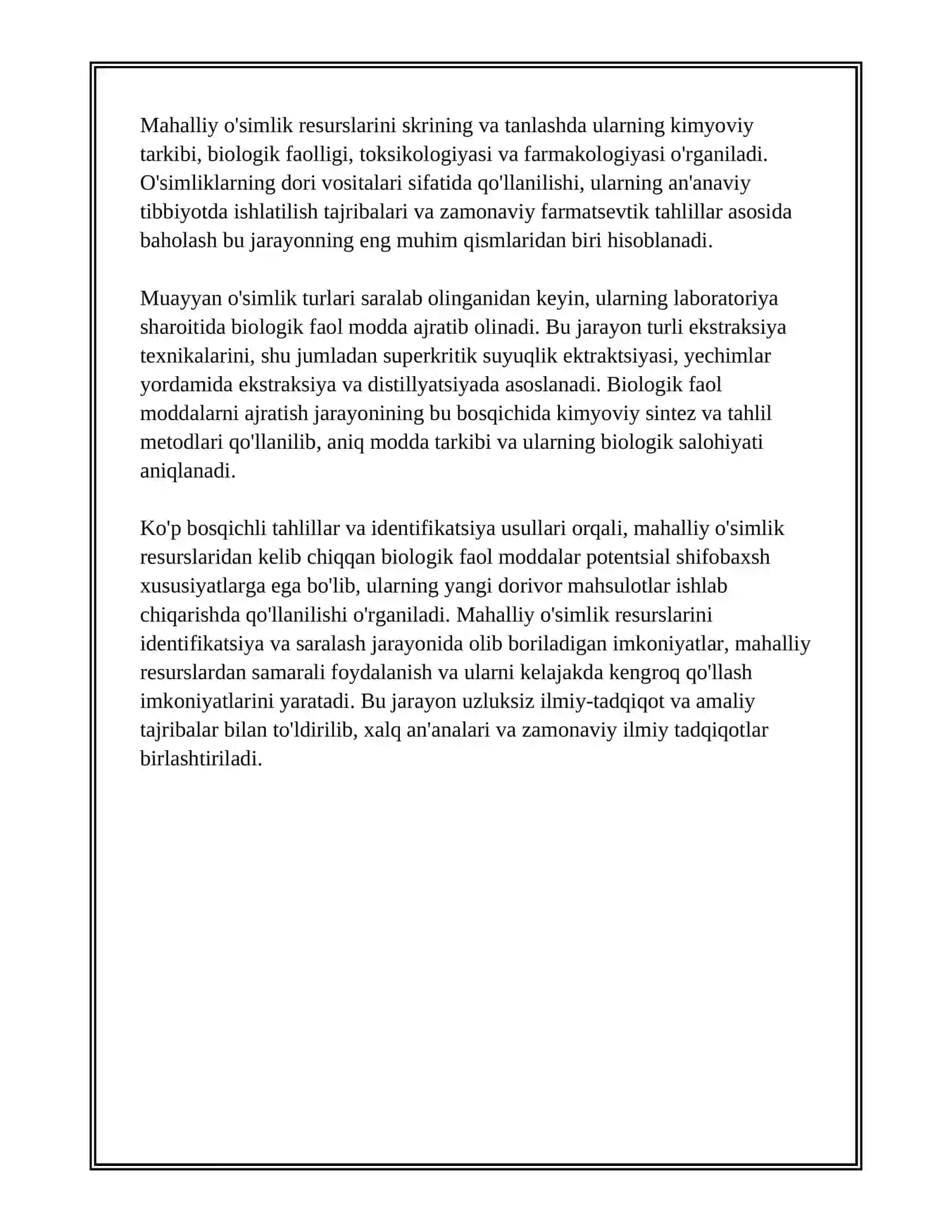 MAHALLIY OʻSIMLIKLARDAN BIOLOGIK FAOL MODDA AJRATISH TEXNALOGIYASINI ISHLAB CHIQISH 4