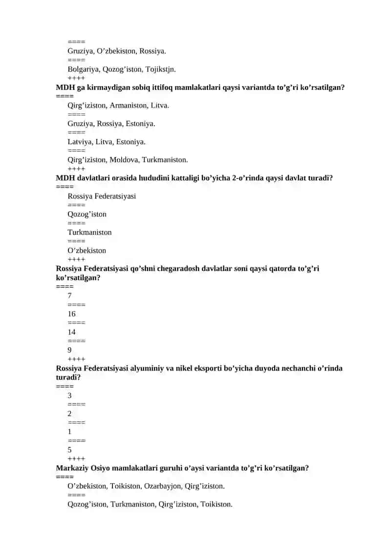 Jahon mamlakatlari iqtisodiy-ijtimoiy geografiyasi fanidan test savollari 4