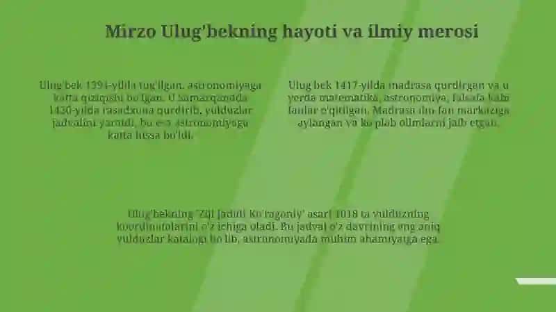 Mirzo Ulug'bek va Zahriddin Muhammad Boburlarning pedagogik g'oyalari vama'rifatparvarlikxizmatlari 4