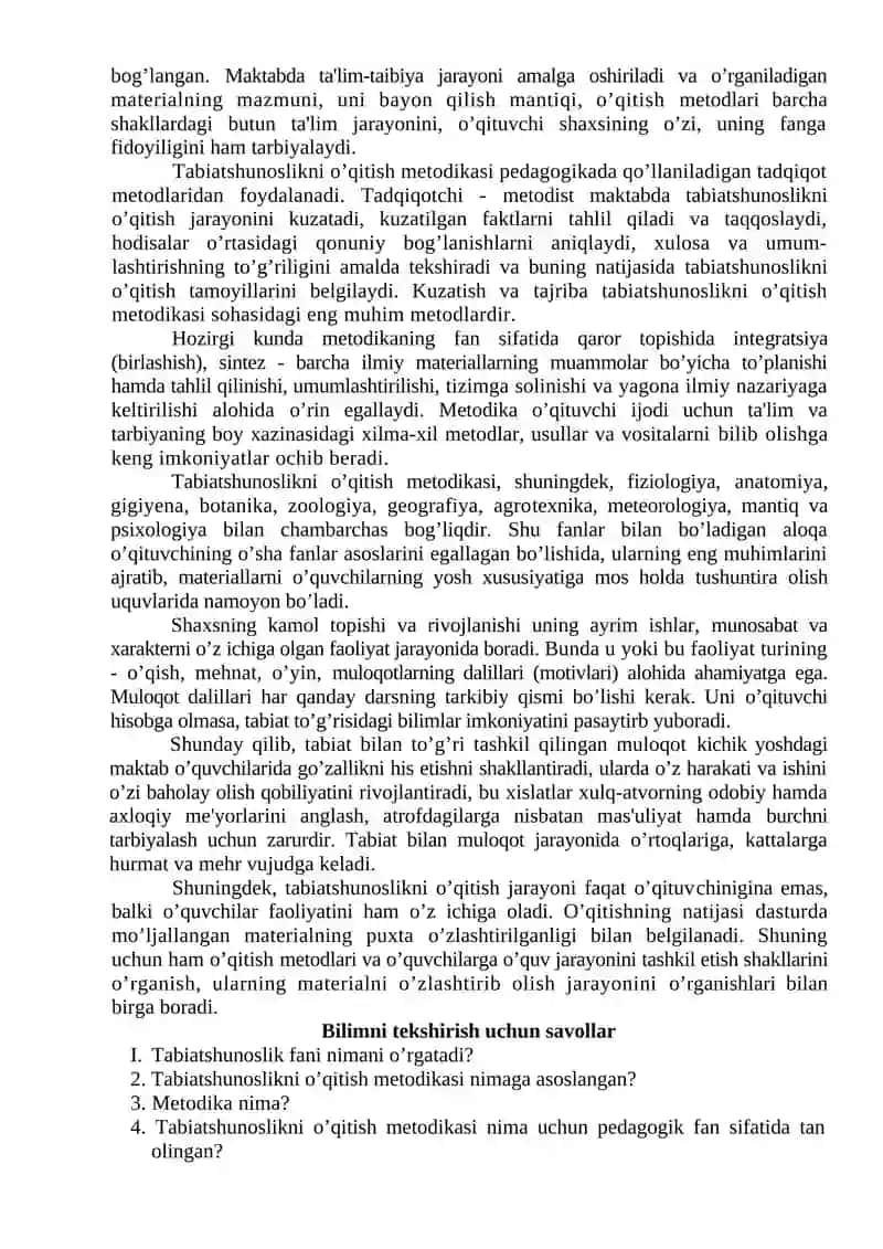Tabiatshunoslik o’qitish metodikasi maruza matn 4