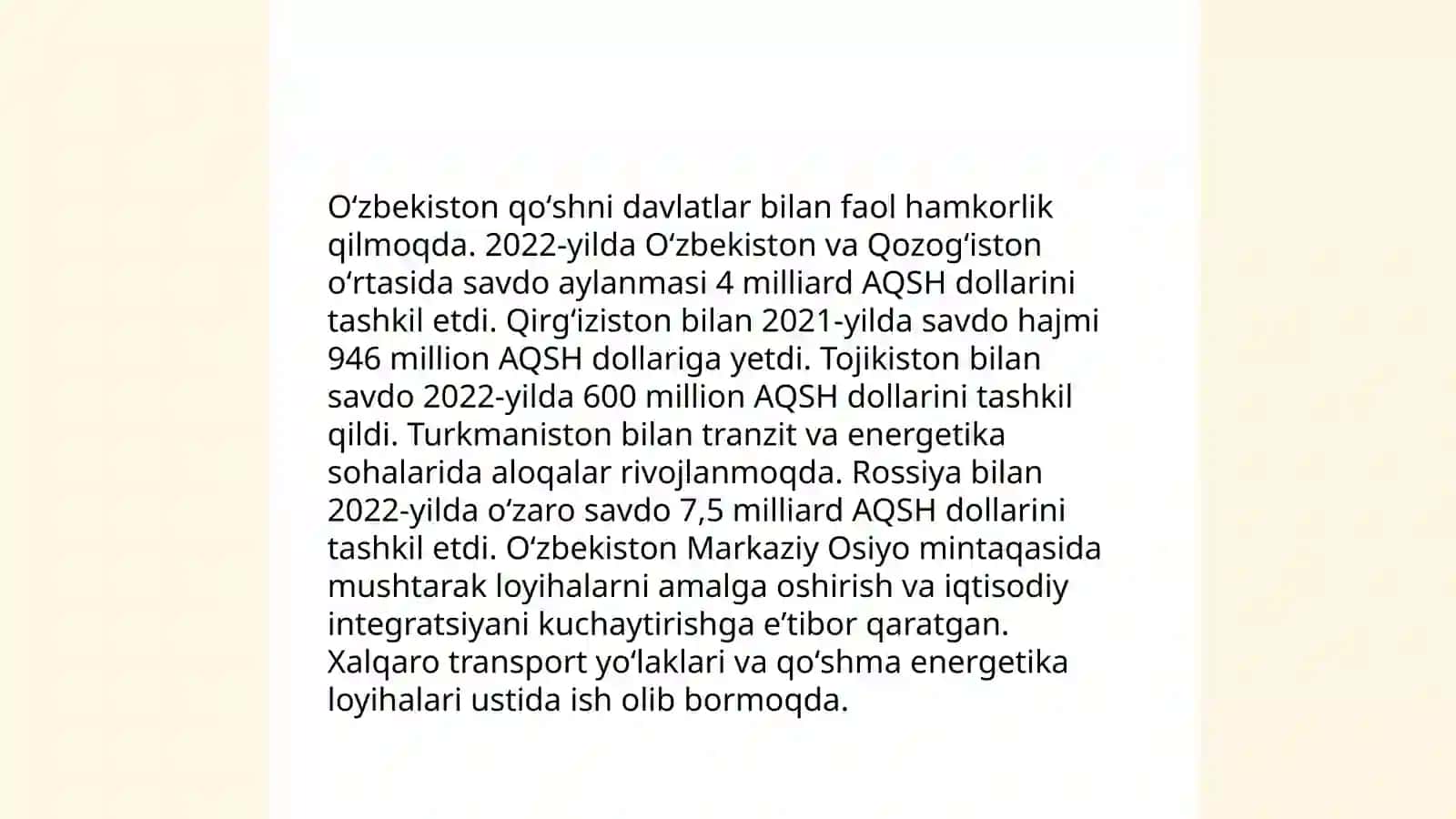 Oʻzbekistonning Markaziy Osiyoda tinchlik va barqarorlikni taʼminlashdagi oʻrni 4
