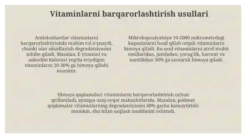 Vitaminlar texnologiyasi va ularning stabilizatsiyasi 4
