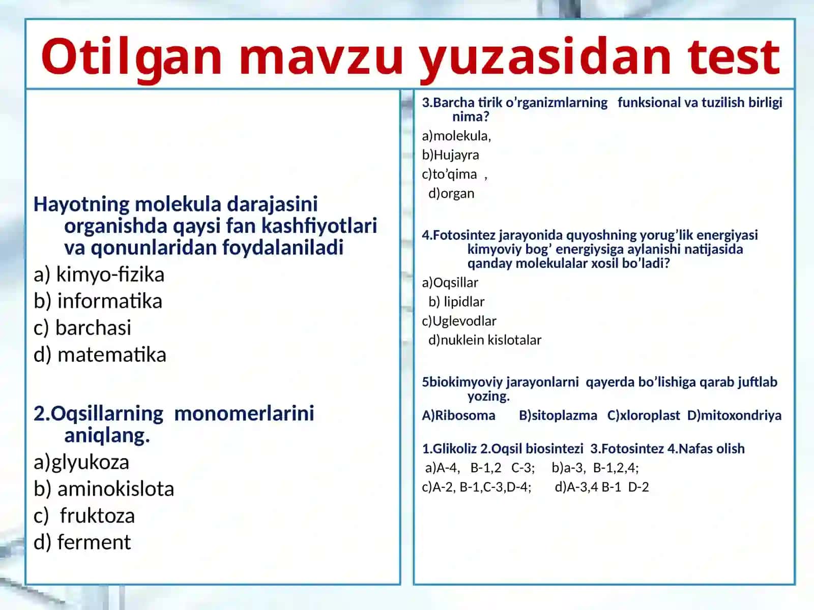 “Tirik organizmlarning kimyoviy tarkibi va uning doimiyligi” 4