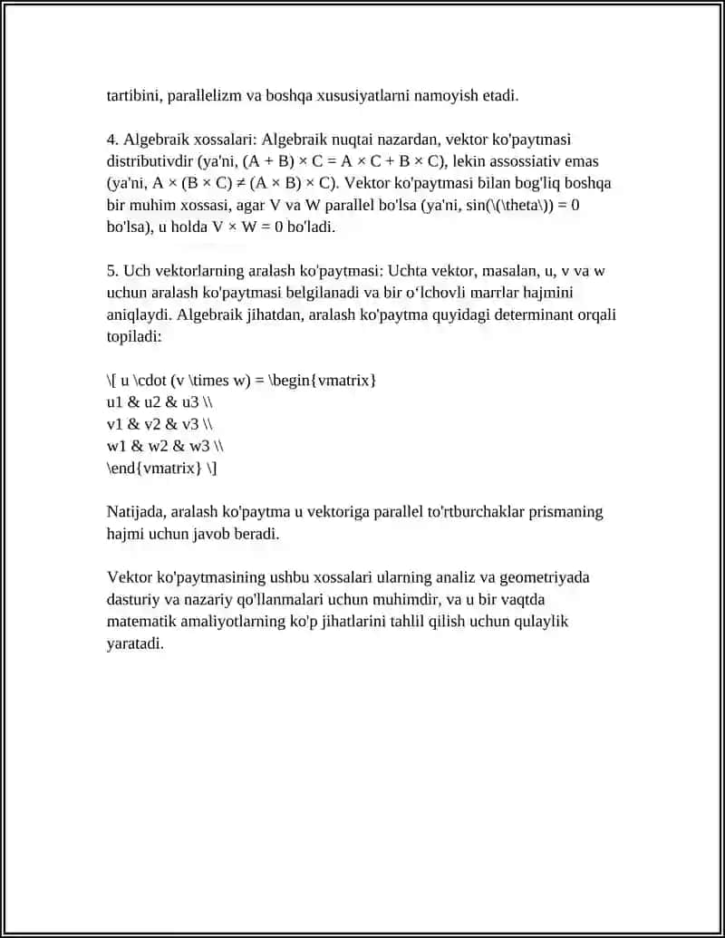 VEKTOR KO'PAYTMANING GEOMETRIK VA ALGEBRAIK XOSSALARI. UCH VEKTORNING ARALASH KO'PAYTMASI 4