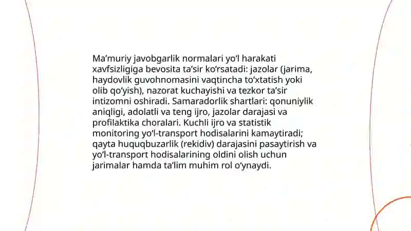 Huquqiy asoslarning yoʻl harakati xavfsizligi taʼsirini baholash 4