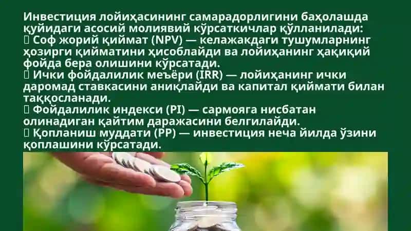 Инвестиция лойиҳаларининг молиявий самарадорлигини баҳолаш 4