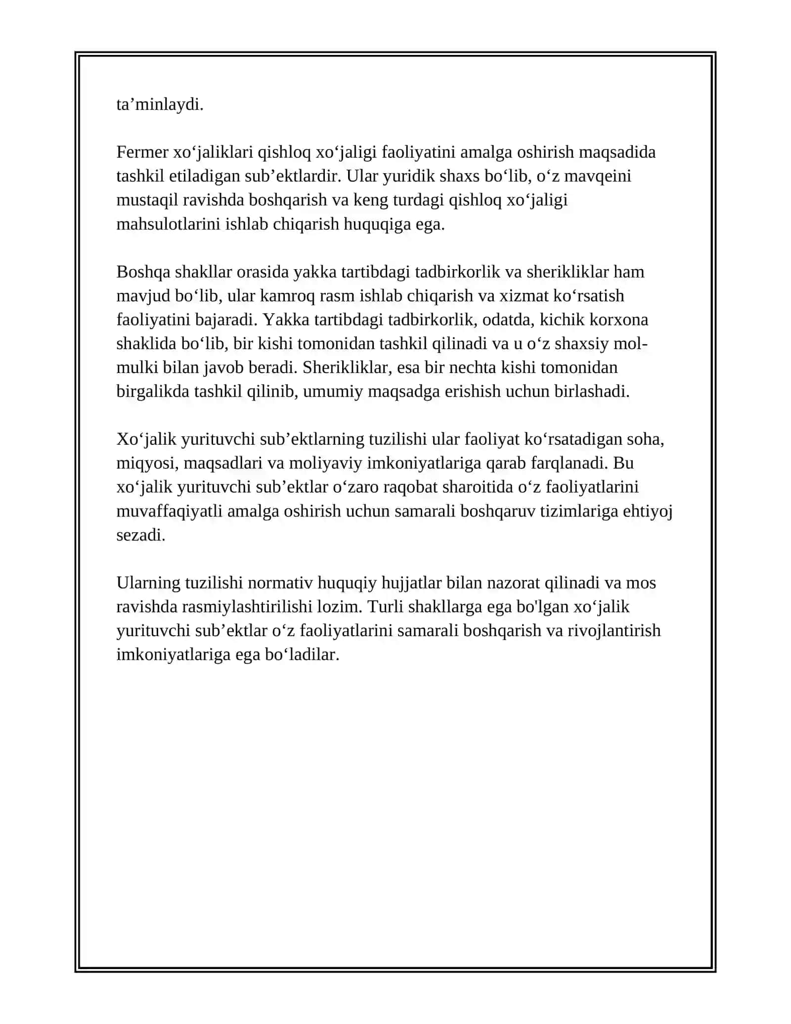 XO‘JALIK YURITUVCHI SUB’EKTLARNING TARKIBNY TUZILISHI, ISHLAB CHIQARISHNI TASHKIL QILISH TEXNOLOGIYASI VA BUXGALTERIYA HISOBINI 4
