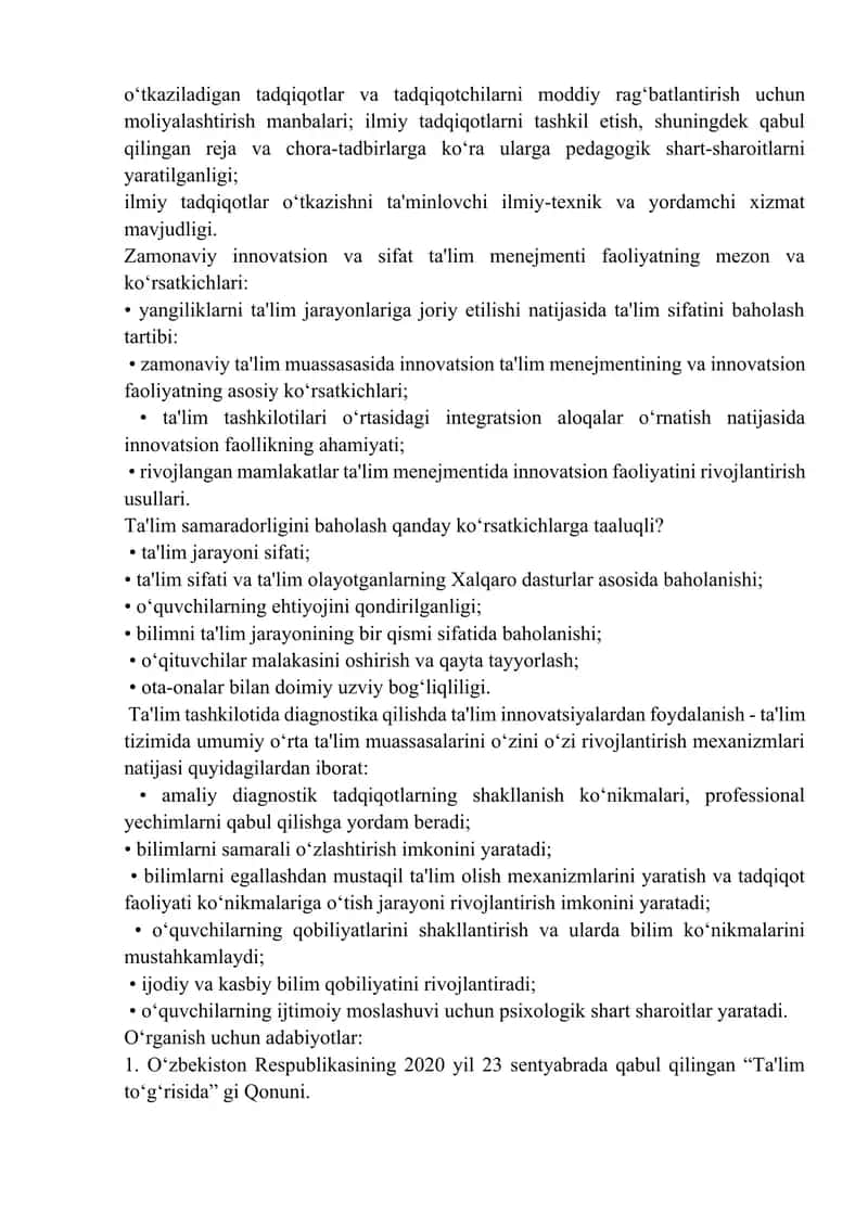 TA’LIM MUASSASASI BOShQARUVINI DIAGNOSTIKA ASOSIDA TAShKIL QILIShDA INNOVATSION YONDAShUV 4