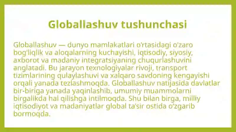 Barqaror taraqqiyotni ta'minlashda globallashuvning ijobiy va salbiy yo'nalishlari. 4