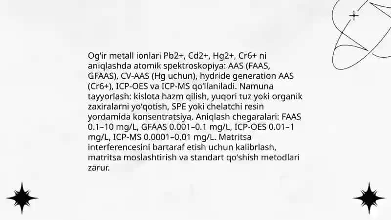 Tuproq va suvning ifloslanishida ion bogʻlanishli birikmalarni aniqlash usullari 4