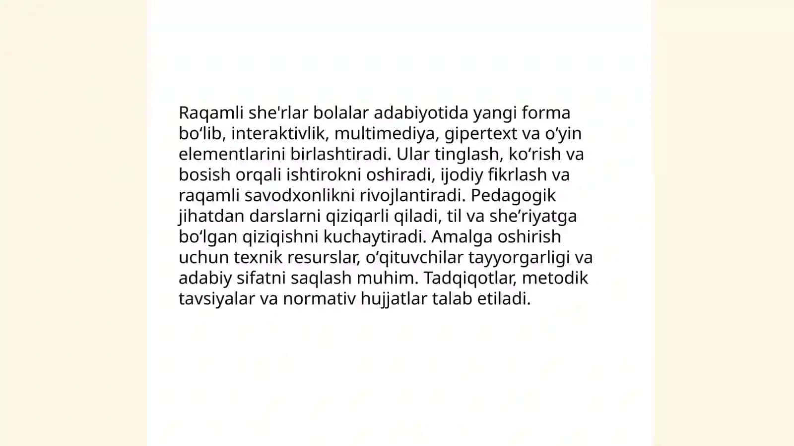 Bolalar adabiyotida shakliy izlanish va raqamli she'rlarning oʻrni va ahamiyati. Abdurahmon Akbar va Dilshod Rajab 4