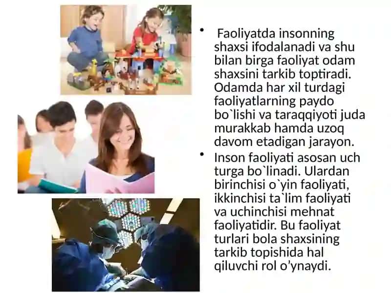 Shaxs faoliyatining turlari va uning ta'lim olishga ta'sir kuchi. O'zbekistonda mustaqillik yillarida pedagogik diagnostika sohasida amalga oshirilgan ishlar va ularning natijalari 4
